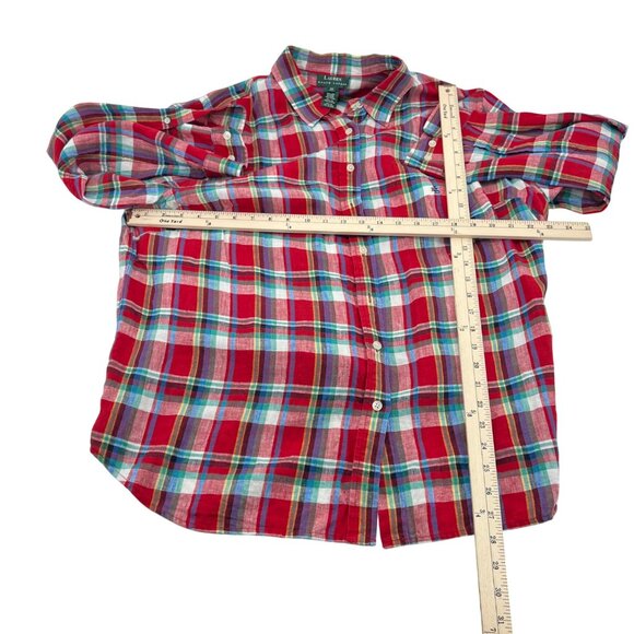 Lauren Ralph Lauren Red Plaid Linen Women's Button-Down Shirt 2X Long Sleeve - Picture 3 of 4